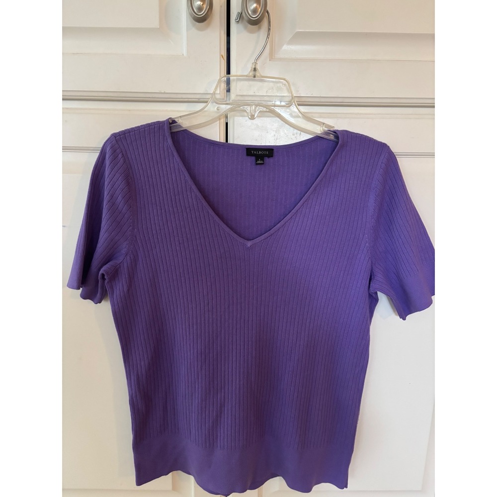 Talbots Womens Purple V-Neck Ribbed Knit Short Sleeve Sweater Size S
